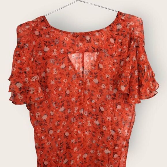 French Connection Midi‎ Sz 12 Sheer Chiffon Tea Flutter Sleeve Dress Pumpkin - Picture 4 of 12